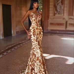 Golden Floral Prom Dress